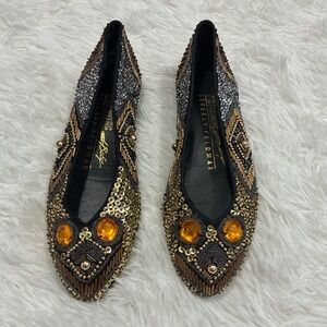 Artisan Embellished Vintage Boho Gold Jutti sequine beaded almond toe flats 7.5